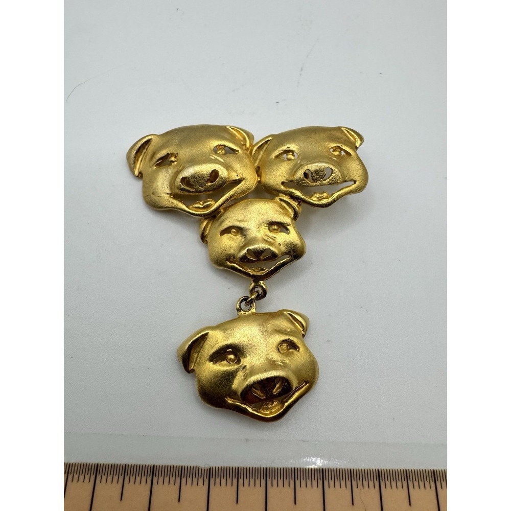 Vintage Ultra Craft Gold Tone 4 Tiered Dangling Pig Face Brooch Pin Matte Finish